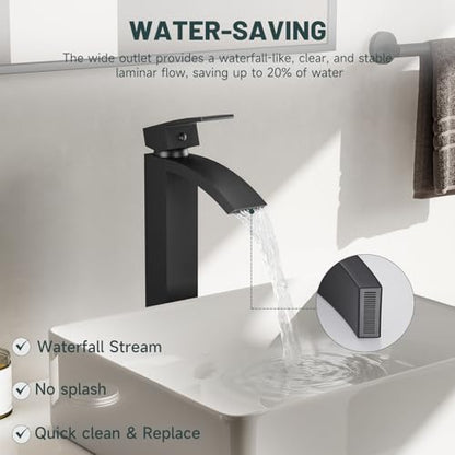 Matte Black Vessel Sink Faucet, Waterfall Bathroom Faucets | Brass, Tall Spout, Single Handle 1 Hole Bathroom Faucet, Modern Basin Taps with Supply Line, Pop Up Drain, Without Overflow - color: Matte Black, size: Tall