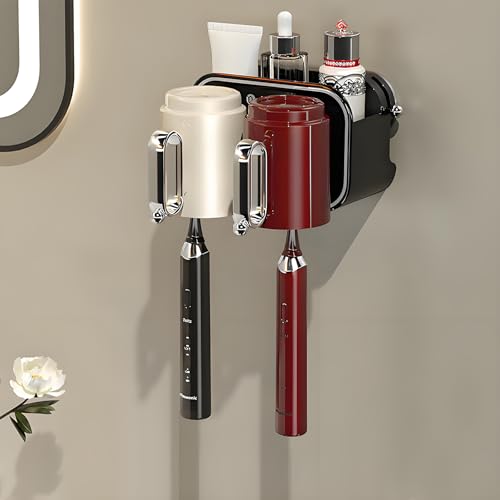 Strong Suction Wall Mount Toothbrush Holder with 2 Cups- No Drill Bathroom Organizer, Large Capacity & Hygienic Quick Drying Design - color: Black-2 Cups