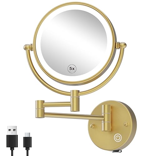 Rechargeable Wall Mount Makeup Mirror Gold for Bathroom, Upgraded Brightness 3 Colors LED Dimmable 360 Rotation Wall-Fixed Ergonomically 1X/5X Magnifying Mirror with Swing Arm, Brushed Gold - color: Brushed Gold