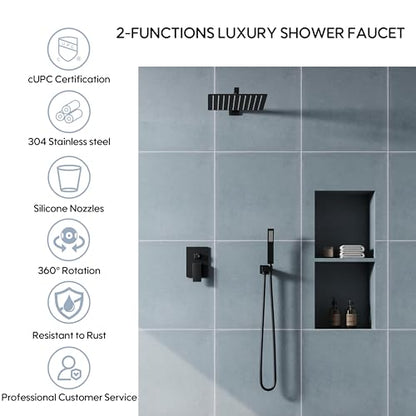 WELLFOR 12-In Wall Mounted Rain Shower Faucet with Single Handle and Handheld Spray, Waterfall Dual Head Shower Head System with 2-way Diverter, Pressure-balanced Valve Included, Matte Black - color: Matte Black, style: Wall Mount 12-Inch