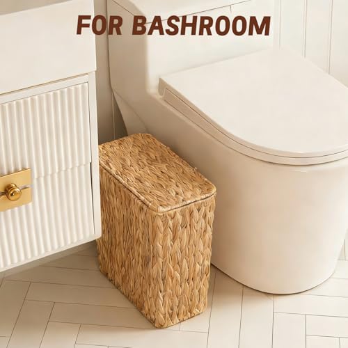 Wicker Trash Can,3 Gallon Bathroom Trash Can with Lid,Natural Water Hyacinth Wicker Waste Basket with Removable Liner, for Bedroom, Toilet, Narrow Spaces - size: Large