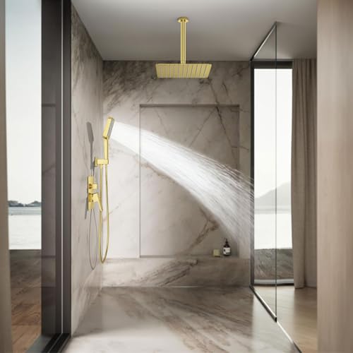 Shower System 12IN Modern Rain Brass Faucet Set With Valve and Diverter Shower Mixer With Handheld High Pressure Square Rainfall Shower Valve (12'' Ceiling Mount, Brushed Gold) - color: Brushed Gold, style: 12'' Ceiling Mount