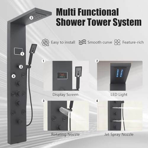 6-in-1 LED Shower Panel Tower System with 8 Adjustable Body Jets, Rainfall & Waterfall Shower, Smart Temperature Display, 59" Hose, Brushed Gold Stainless Steel, Wall Mounted (Black) - color: Black