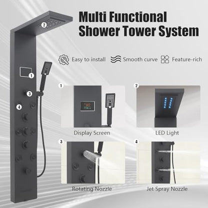 6-in-1 LED Shower Panel Tower System with 8 Adjustable Body Jets, Rainfall & Waterfall Shower, Smart Temperature Display, 59" Hose, Brushed Gold Stainless Steel, Wall Mounted (Black) - color: Black