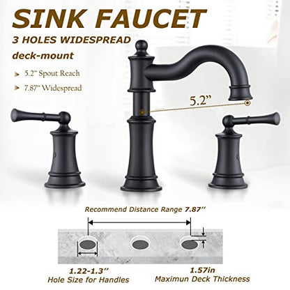 Roman Bathroom Sink Faucet Deck Mount or Wall Mount Installation Pop-up Drain Assembly with Overflow Deck Plate and Water Supply Lines Included (3 Hole Deck Mount, Matte Black) - color: Matte Black, style: 3 Hole Deck Mount