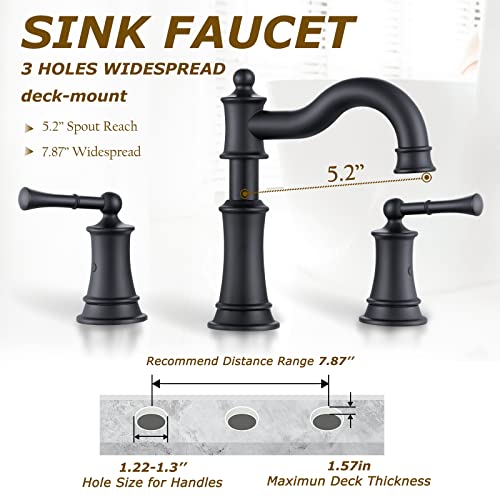 Roman Bathroom Sink Faucet Deck Mount or Wall Mount Installation Pop-up Drain Assembly with Overflow Deck Plate and Water Supply Lines Included (3 Hole Deck Mount, Matte Black) - color: Matte Black, style: 3 Hole Deck Mount
