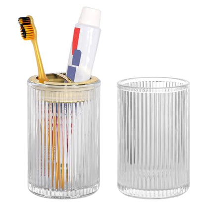 Toothbrush Holders for Bathrooms, 2pcs Clear Glass Toothbrush Holder, Bathroom Toothbrush Cup and Toothpaste Holder with Gold Divider, Tooth Brush and Toothpaste Organizer for Countertop - color: Clear Gold