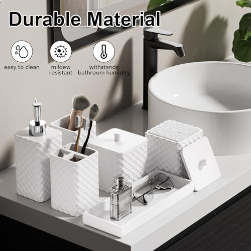 Bathroom Accessories Set Resin 6PCS, Square Toothbrush Holders Set Complete with Soap Dispenser, Vanity Tray, Tumbler, Cups and Cotton Swab Jars (White Diamond, Resin Bath 6 PCS) - color: White Diamond