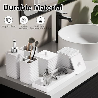 Bathroom Accessories Set Resin 6PCS, Square Toothbrush Holders Set Complete with Soap Dispenser, Vanity Tray, Tumbler, Cups and Cotton Swab Jars (White Diamond, Resin Bath 6 PCS) - color: White Diamond