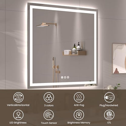 Snowdool 40 x 30 in LED Bathroom Mirror, Front and Backlit, Anti-Fog | Front and Backlit, 3 Color Temperatures, Anti-Fog, Tempered Glass - size: 40"L x 30"W