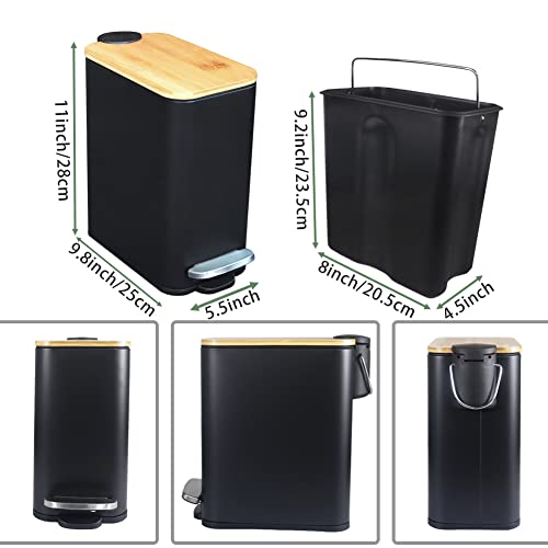 SIDIANBAN Bathroom Trash Can with Bamboo Lid Soft Close and Foot Pedal, Small Rectangular Slim Garbage Can with Inner Wastebasket for Bedroom, Office, Kitchen, 1.3Gal/5L, Black | Small Rectangular Slim Garbage Can with Inner Wastebasket for Bedroom, Offic