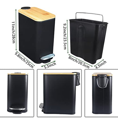 SIDIANBAN Bathroom Trash Can with Bamboo Lid Soft Close and Foot Pedal, Small Rectangular Slim Garbage Can with Inner Wastebasket for Bedroom, Office, Kitchen, 1.3Gal/5L, Black | Small Rectangular Slim Garbage Can with Inner Wastebasket for Bedroom, Offic