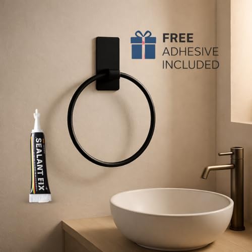 Matte Black Adhesive Towel Ring, No Drill Bathroom Towel Holder, Wall Mounted, Free Adhesive Included