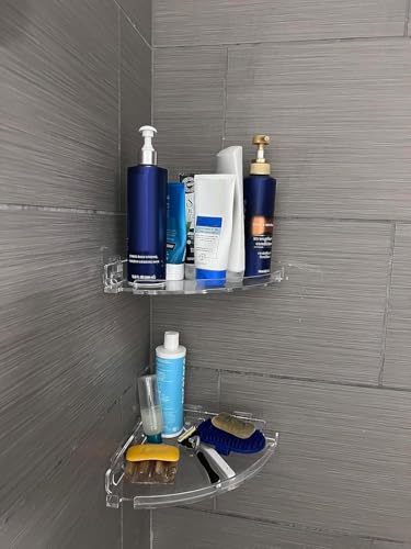 JiePai Adhesive Acrylic Corner Shower Caddy 2 Pack, Rustproof Bath Shelf | Thick clear acrylic, rustproof & mildew resistant. No-drill adhesive mount for corner. For shower, kitchen or bathroom