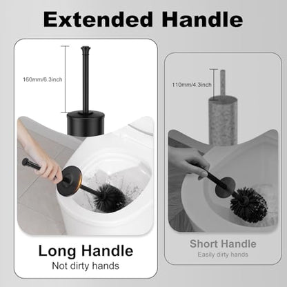 Black Toilet Brush and Holder，Extra Long Handled Toilet Brush for Bathroom，Stainless Steel Heavy Duty Toilet Bowl Brush,Removable Inner Bowl,Deep Cleaning Dense Bristles Cleaner Brush -Space Saving - color: Black