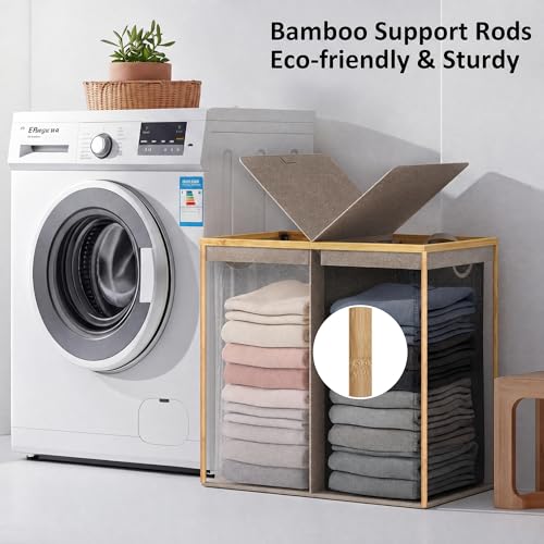 efluky Laundry Hamper with Lid, Double Laundry Basket with 2 Removable Bags, 2 Section Laundry Bin with Bamboo Handles for Bathroom, Bedroom & Laundry Room, 140L (36.9 Gallon) Brown - color: Brown, size: 140L Dual