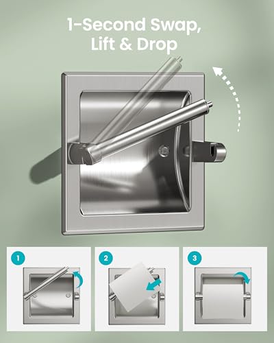 Recessed Toilet Paper Holder Brushed Nickel, in-Wall, 304 Stainless Steel | Inset Toilet Paper Holder, Spring-Free Pivoting Arm, Space-Saving Flush Mount, Fits Rolls up to 6 in - color: Brushed Nickel