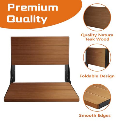 Folding Shower Seat 20'', Large Teak Shower Seat, Folding Shower Bench, Wall Mount Foldable Chair, 500 lbs Capacity, Stainless Steel, Black - color: Black