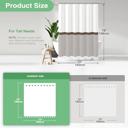 Dynamene 78 Inches Long Shower Curtain, Farmhouse Boho Striped Fabric Tassel Shower Curtains for Bathroom, Tall Bohemian Textured Waterproof Cloth Shower Curtain Set with Hooks, Brown, 72x78 - color: Brown, size: 72"W x 78"L (Pack of 1)