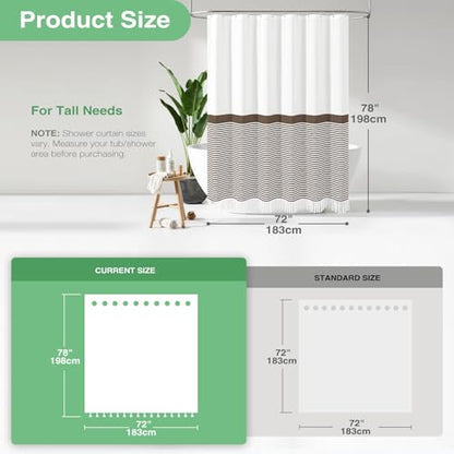 Dynamene 78 Inches Long Shower Curtain, Farmhouse Boho Striped Fabric Tassel Shower Curtains for Bathroom, Tall Bohemian Textured Waterproof Cloth Shower Curtain Set with Hooks, Brown, 72x78 - color: Brown, size: 72"W x 78"L (Pack of 1)