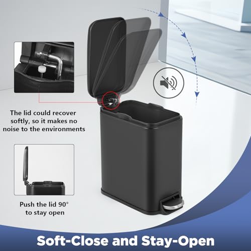 BestOffice | 1.3G Stainless Steel Trash Can with Lid | Black | Pack of 1 | Removable Inner Bucket, Soft-Close Step Pedal | Hands-Free Use | Easy to Clean | for Kitchen, Office, Bathroom - color: Black