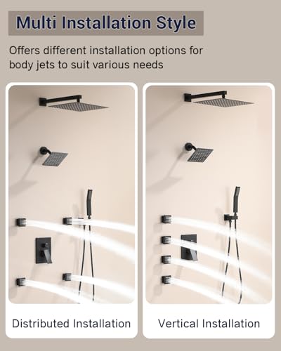 Dual Rainfall Shower Head System with 4 Body Jets, JetsBath Shower Faucet Set Double Shower Head 6-Inch Shower Head & 12” Rain Shower, Luxury Matte Black Shower Faucet Set,Wall-Mounted Shower System - color: Matte Black