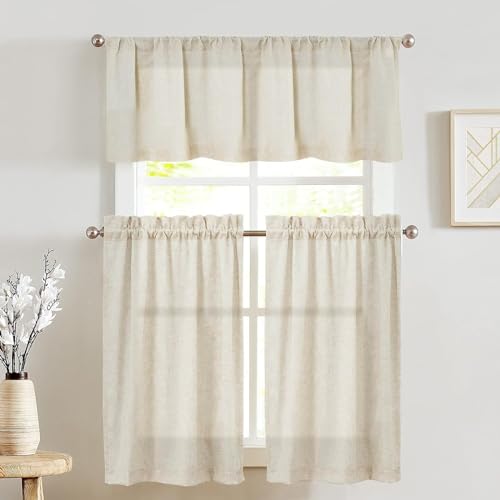 jinchan Lien Tier Curtains and Valances, 26x36, 3 Panels, Natural | Light filtering, rod pocket, cafe curtains, farmhouse, machine washable, small window decor, bathroom, laundry room, RV - color: Rod Pocket | Natural Linen, size: 26"W x 36"L (Pack of 3)