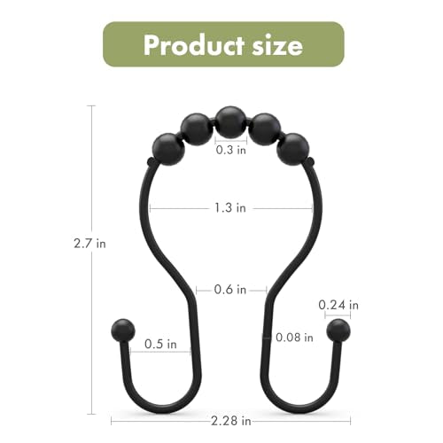 AmazerBath Shower Curtain Hooks Black Shower Curtain Rings, Metal Shower Curtain Hooks Rust Proof, Smooth Glide Double Shower Hooks Rings for Shower Curtain, Shower Rod Hooks 12Pcs - color: Black, style: Double Shower Hooks