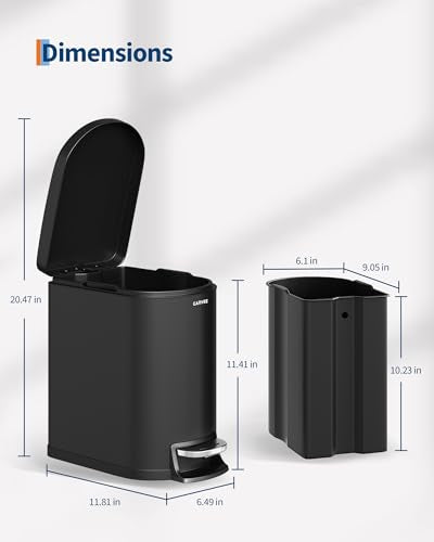 Garvee 1.6 gal / 6L Metal Bathroom Trash Can with Lid, Slim Waterproof Garbage Can for Bedroom, Small Step-on Trash Bin with Inner Bucket, Rear Handle, Soft Close Lid, Black - color: Black, size: 1.6 Gallons