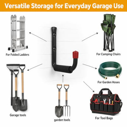 6 Pack Garage Hooks Heavy Duty, Utility Steel Hooks with EVA Foam Padding, 4.64inch Wall Mount J Organizer Hanger for Hanging Bikes Kayak Garden Tool Hose Bike Shelf