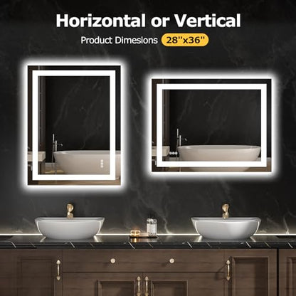 Hivone 36.1X28.1 LED Bathroom Mirror with Lights, Anti-Fog, Dimmable, Backlit + Front Lit, Smart Bathroom Vanity Mirror, Memory Function, Shatterproof, Tempered Glass (Horizontal/Vertical) - size: 36.1"L x 28.1"W