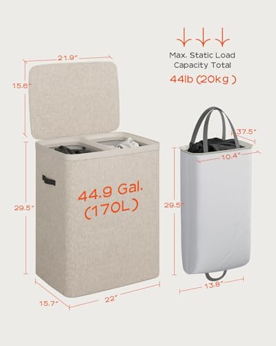 CASAMAYA Laundry Basket with Lid, Laundry Hamper 2 Section, 170L collapsible Laundry Organizer, Easy Assembly, with Handles and Removable Liners, 22 x 15.7 x 29.5 Inches, Beige JSP903M - color: Beige, size: 170L(2-Section)