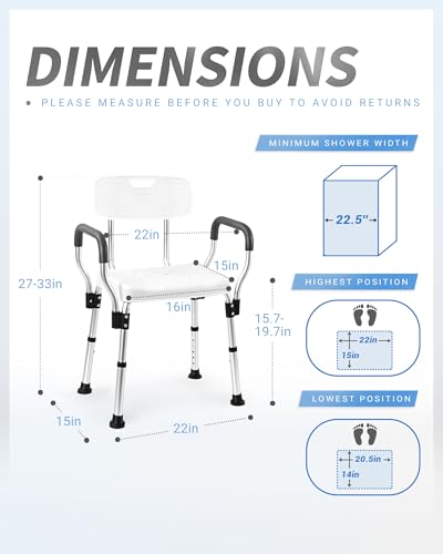 Sangohe Shower Chair, Heavy Duty Shower Seat with Back, Arms, Adjustable Height, Ideal for Bathtub, Handicap, Elderly, 796C - size: Large with Adjustable Height