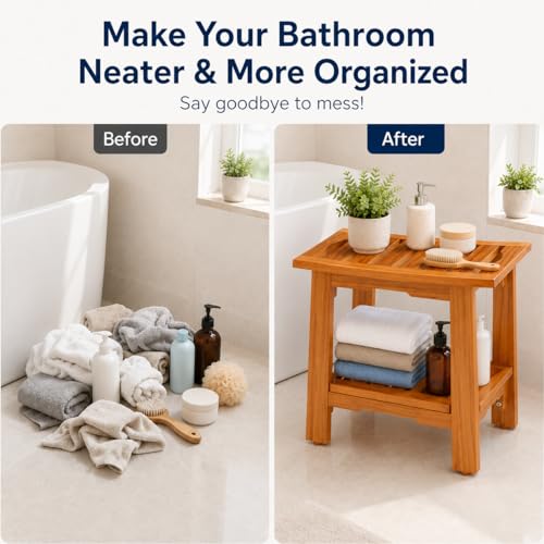 Simple Deluxe Teak Shower Bench, 18" Wood Shower Bench with Shelf, Waterproof Shower Stool for Inside Shower, Bath Chair for Bathroom, Tubs & Outdoor Use, 250LBS - size: 18"