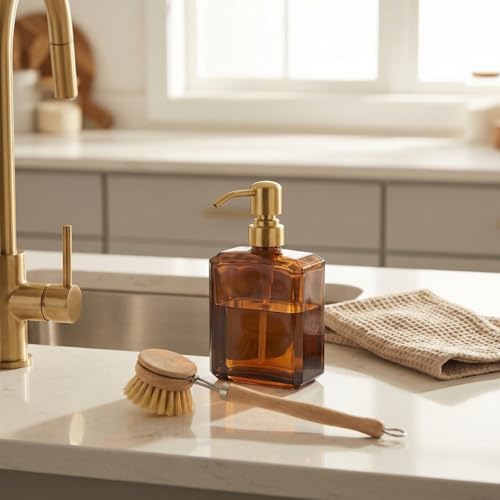 KEMINO Amber Soap Dispenser Square Bottle and Gold Pump, Glass Dish Soap Dispense, Refillable Hand Soap Dispenser with Stainless Steel Pump, 13.5 oz Lotion Dispenser for Bathroom, Kitchen Countertop - color: Amber Bottle With Brushed Gold Pump, size: 13.5