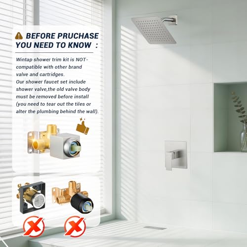 Shower Faucet Set with Valve, 8 Inch Square Rain Shower Head,Brushed Nickel | SUS304 Stainless Steel, Brass Rough-in Valve, Single Handle, Air Pressure Boost, Shower Trim Kit, Male Threads - color: Brushed Nickel
