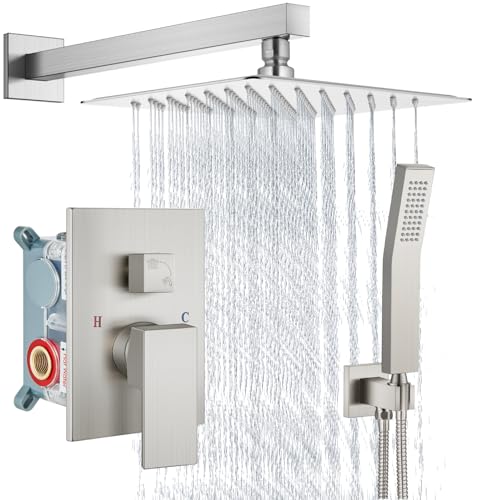 Aolemi Shower Faucet Set with Handheld Brushed Nickel 10 Inch Head | Pressure Balance Shower Valve and Trim Kit,SUS304 Rain Head and Handle System,All Metal,Wall Mount,Bathroom,Handheld Spray - color: Nickel, size: 10 Inch Wall Mount Shower Head