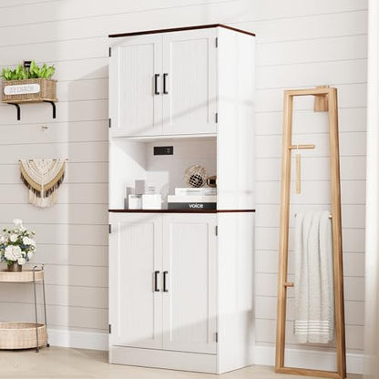 MHOM 71" Tall Pantry Cabinet with Charging Station, Farmhouse Kitchen Hutch with Adjustable Shelves, Modern Kitchen Pantry Storage Cabinet for Dinning Room & Living Room, Antique White - color: White