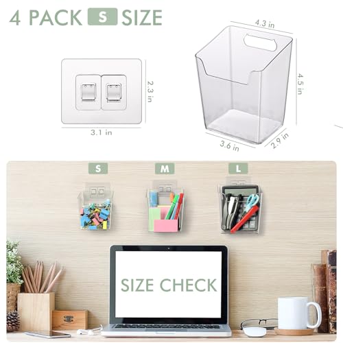 Clear Adhesive Wall Storage Bins, 4 Pack Cabinet Door Organizer Cups(Small) | Clear PET Hanging Wall Mount Pockets, Plastic Caddy for Shower Bathroom Makeup Office Craft Kitchen Sink RV Organization - size: Small