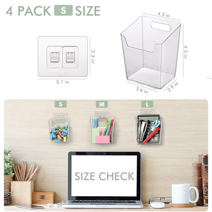 Clear Adhesive Wall Storage Bins, 4 Pack Cabinet Door Organizer Cups(Small) | Clear PET Hanging Wall Mount Pockets, Plastic Caddy for Shower Bathroom Makeup Office Craft Kitchen Sink RV Organization - size: Small