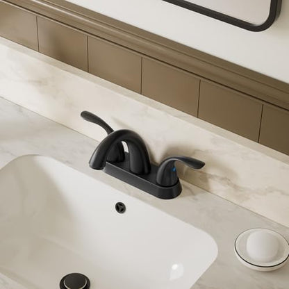 4 Inch 2 or 3 Holes 2 Handles Centerset Matte Black Lead-Free Bathroom Sink Faucet, Bathroom Faucet with Copper Pop Up Drain and Water Supply Lines, BF008-5-MB - color: Matte Black, style: 1 Pack