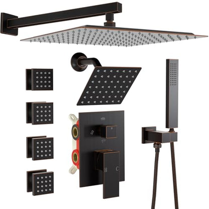Enga Dual Shower Head System with Body Jets, 12"+ 6" Wall Mounted Dual Rain Shower Faucet with Valve Kit, Oil Rubbed Bronze - color: Oil Rubbed Bronze, style: Wall-12"+6"+Jets
