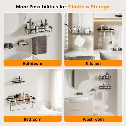 4-Pack Adhesive Bathroom & Kitchen Organizer Rack with Soap Holder | Large Capacity Rustproof Storage Shelf for Home Decor