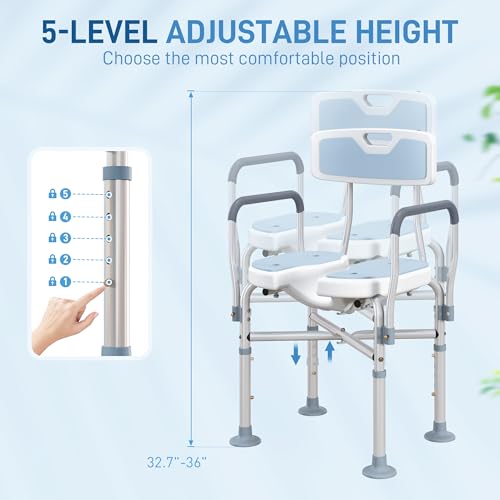 HOMCOM Padded Shower Chair with Arms and Back for Seniors, Light Blue | HDPE, Adjustable Height, Anti-slip, Tool-Free Assembly, Bath Seat, Shower Bench, for Disabled