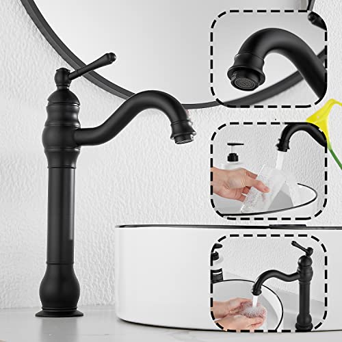 Black Bathroom Faucet GGStudy 360° Swivel Single-Handle One Hole Bathroom Vessel Sink Faucet Matching Pop Up Drain - color: Black, size: Vessel