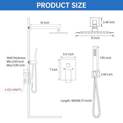 Hawkrown 12 Inch Luxury Rain Shower Faucet Set, Brushed Nickel Shower System with Rainfall Shower Head and Handheld Spray, SUS304 Stainless Steel and Solid Brass Wall Mounted Shower Valve Trim Kit - color: Brushed Nickel, size: 12 Inch