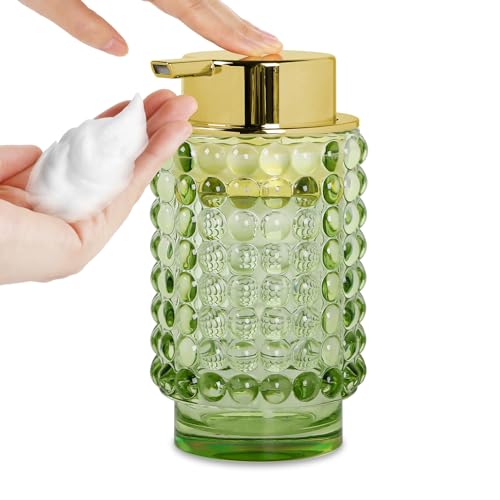 Glass Foaming Soap Dispenser, Green Foam Hand Soap Dispenser, Bathroom 12 Oz Large Bottle with Gold Pump, Refillable Lotion Pump Container for Bathroom, Kitchen,Hand Soap, Dish Soap, Shampoo - color: Green