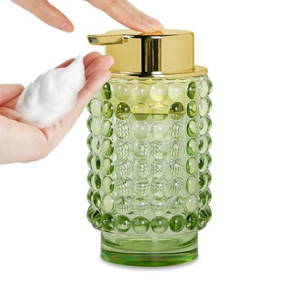 Glass Foaming Soap Dispenser, Green Foam Hand Soap Dispenser, Bathroom 12 Oz Large Bottle with Gold Pump, Refillable Lotion Pump Container for Bathroom, Kitchen,Hand Soap, Dish Soap, Shampoo - color: Green