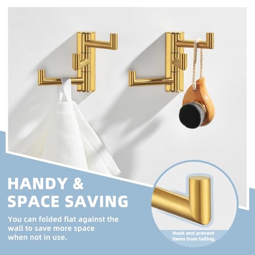 Suyar Brushed Gold Towel Hook, Bathroom Swivel Coat Robe Holder with 3 Arms | SUS304 Stainless Steel, Wall Mounted, 2 Pack - color: Brushed Gold, size: 2 Pack