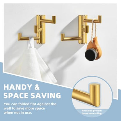 Suyar Brushed Gold Towel Hook, Bathroom Swivel Coat Robe Holder with 3 Arms | SUS304 Stainless Steel, Wall Mounted, 2 Pack - color: Brushed Gold, size: 2 Pack